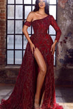 Burgundy One Shoulder Mermaid Evening Dress with Long Sleeve, Split, and Sequins Beadings BM bride