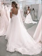 Bateau Short Sleeves A-Line Floor-length Wedding Dress With Appliques Lace Tulle BM bride