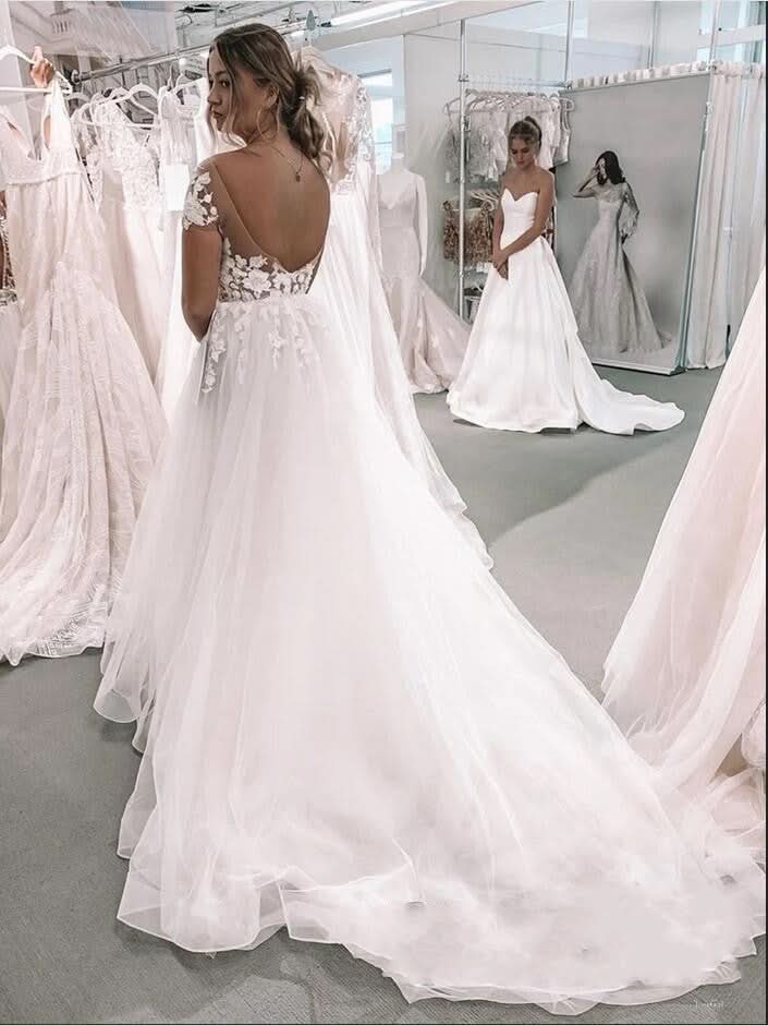 Bateau Short Sleeves A-Line Floor-length Wedding Dress With Appliques Lace Tulle BM bride