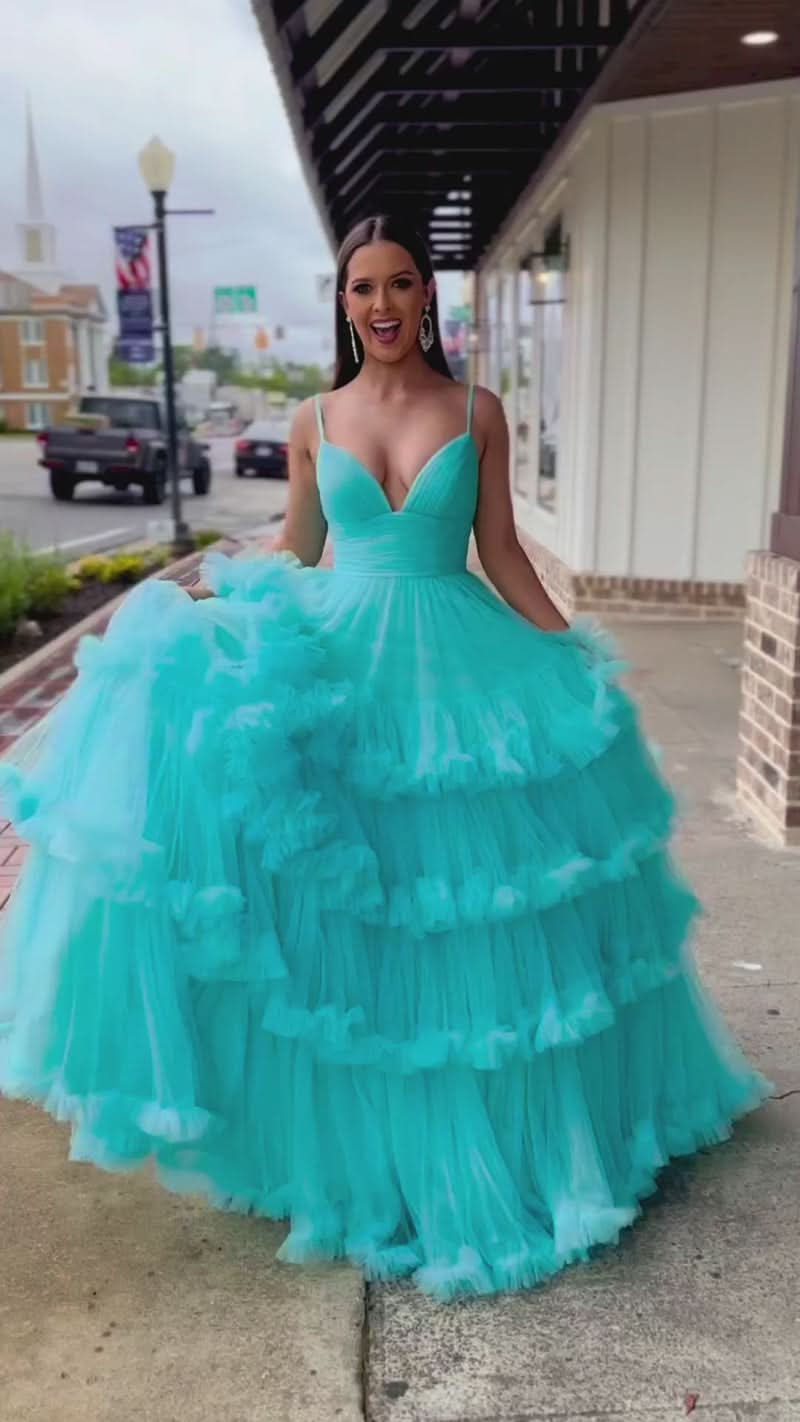 Chic A-line V-Neck Tulle Prom Dress Adorned with Tiered Ruffles BM bride
