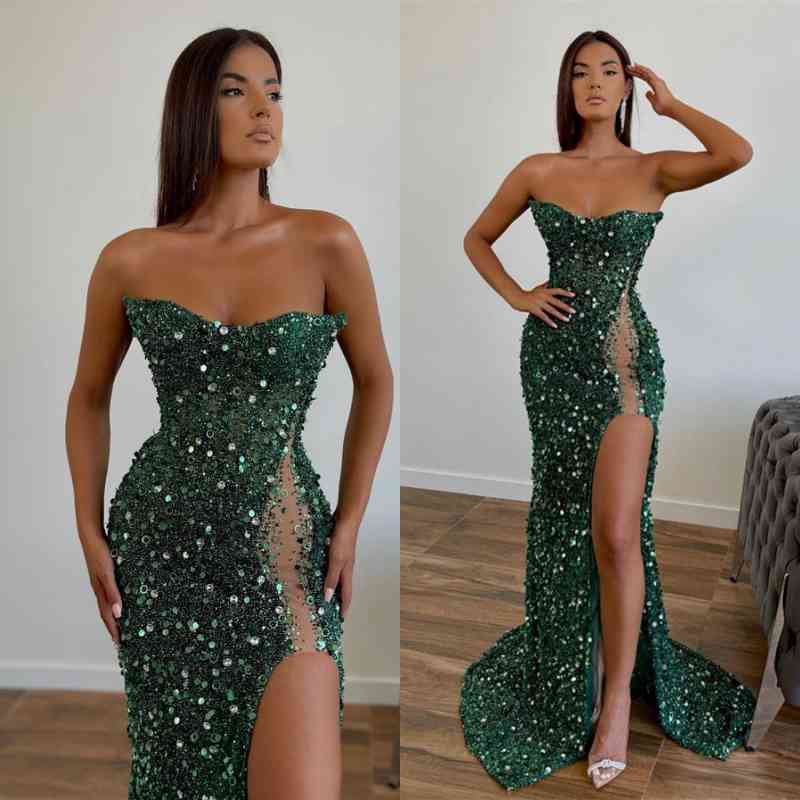 Dark Green Evening Dress with Sequins Sleeveless Slit Strapless BM bride