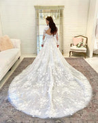 Long A-Line High Neck Open Back Wedding Dress with Lace Sleeves BM bride
