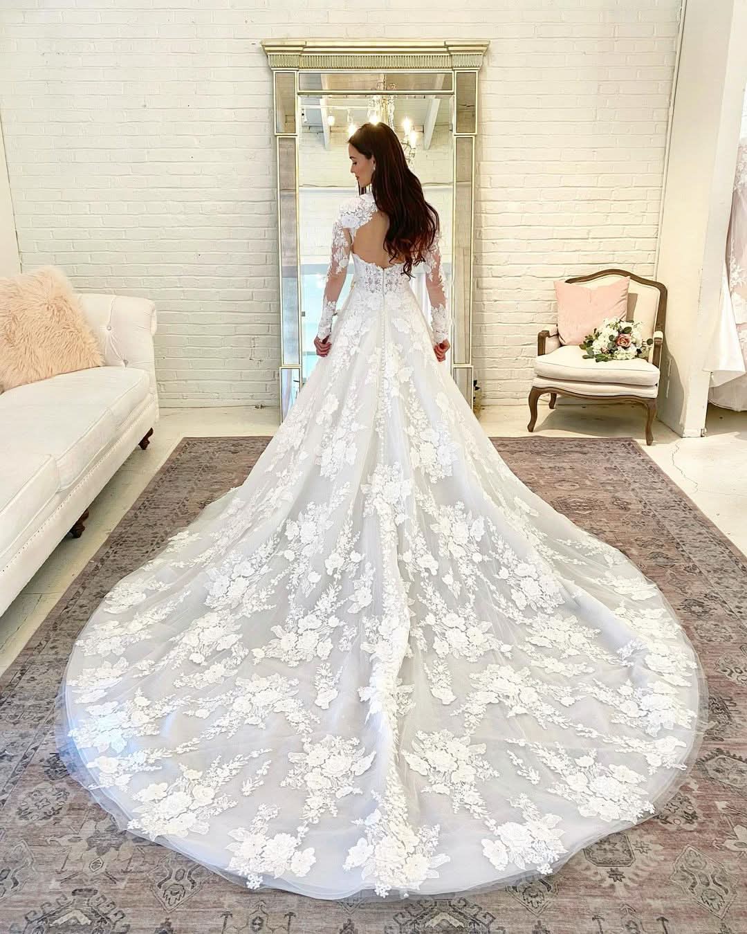 Long A-Line High Neck Open Back Wedding Dress with Lace Sleeves BM bride