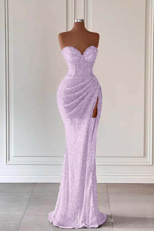 Red Sweetheart Sleeveless Long Mermaid Sequins Prom Dress With High Split BMBRIDE