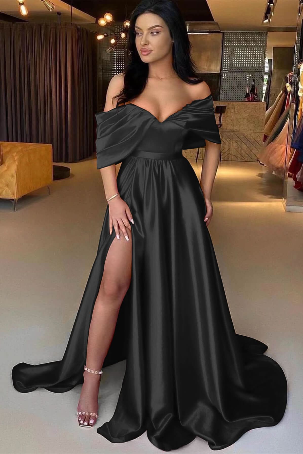 Red Off-The-Shoulder A-Line Prom Dress with Split BM bride