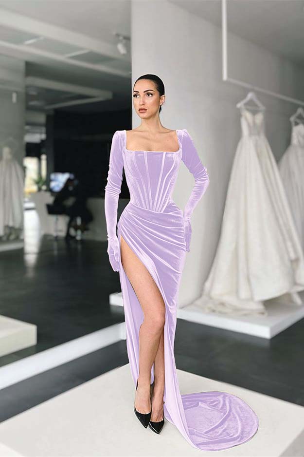 Stunning Square Neck Long Sleeves Pleated Long Prom Dress With Side Split BMBRIDE