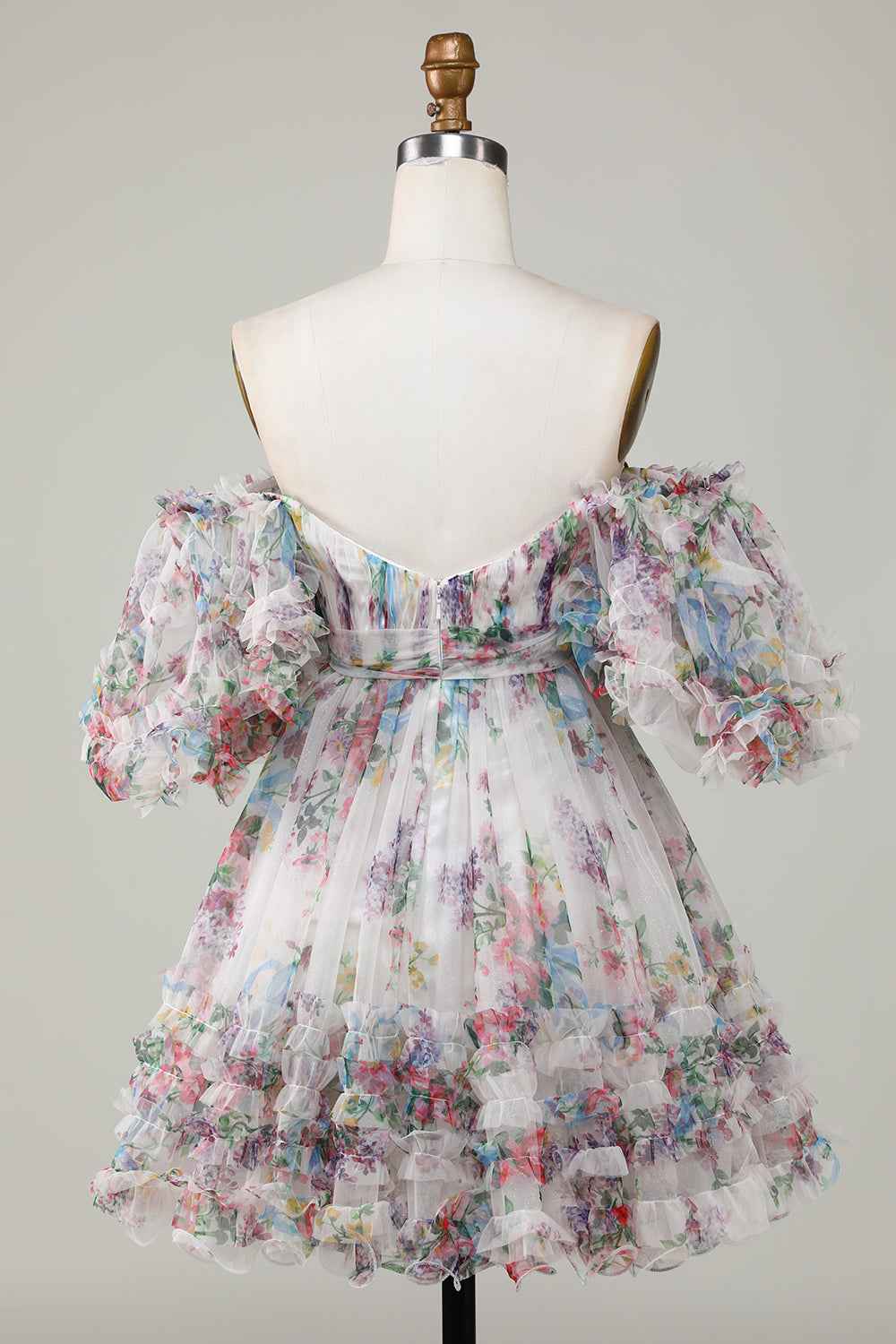 Fuchsia Puff Sleeves A-Line Floral Short Homecoming Dress with Ruffles Bmbride