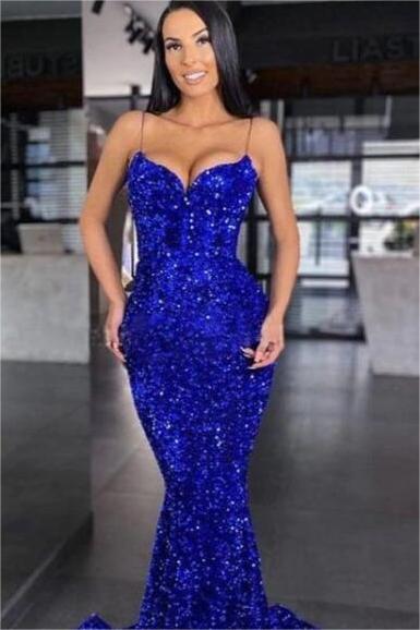 Sweetheart Royal Blue Spaghetti Strap Mermaid Long Prom Dress With Sequins BMBRIDE