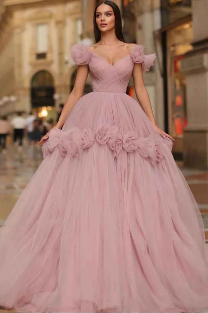 Tulle Off the Shoulder Sleeveless Long Prom Dress With Flower Appliques
