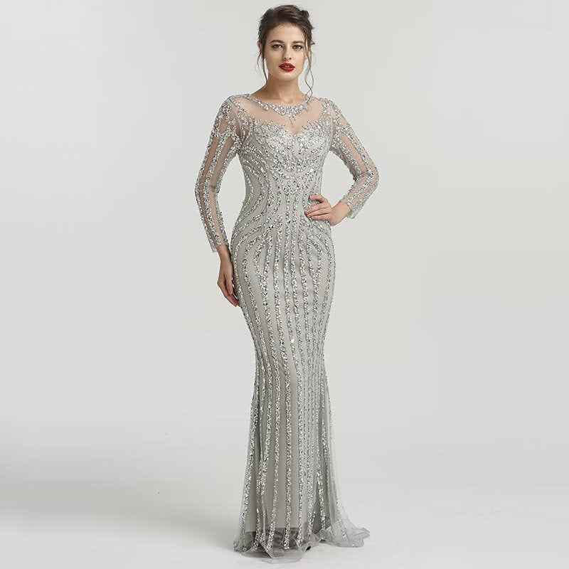 Elegant Ivory Bead Embroidery Long Sleeves Mermaid Long Prom Dress