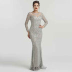 Elegant Ivory Bead Embroidery Long Sleeves Mermaid Long Prom Dress