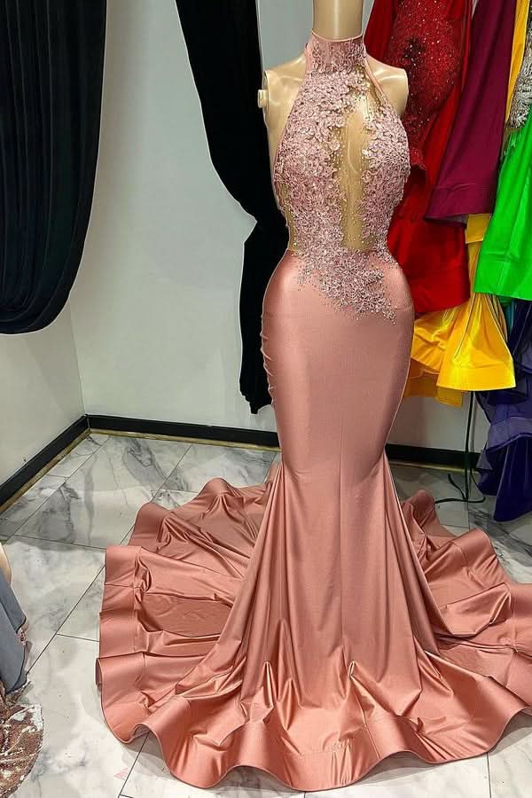 Coral Red Mermaid Prom Dress with Sleeveless Halter and Appliques BM bride