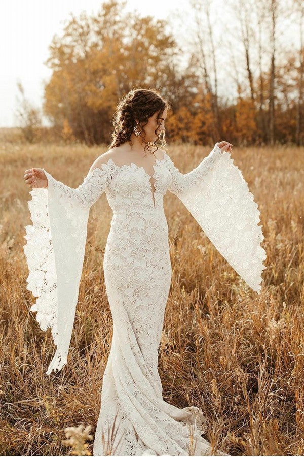 Long Sleeve Floor-Length Mermaid Wedding Dress with Lace BM bride