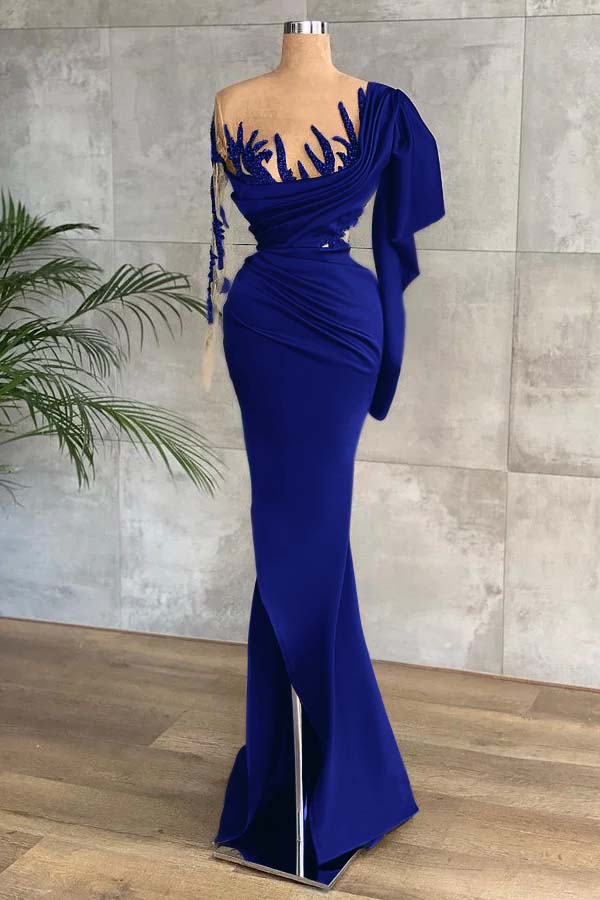 Green Long Sleeves Mermaid Side Split Prom Dress With Appliques BMBRIDE