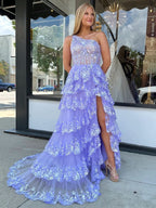 Beautiful Sheath One-Shoulder Tiered Lace Long Prom Dress BM bride