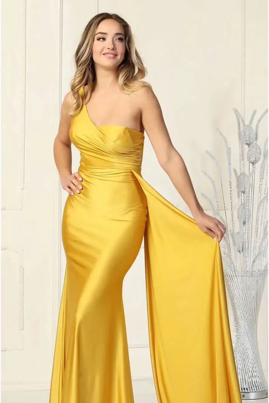 Elegant One-Shoulder Sweetheart Mermaid Evening Dress with Ruffles BM bride