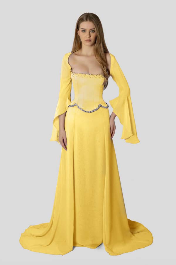 Chiffon Long Sleeves Long Mermaid Prom Dress With Beading Pleated BMBRIDE