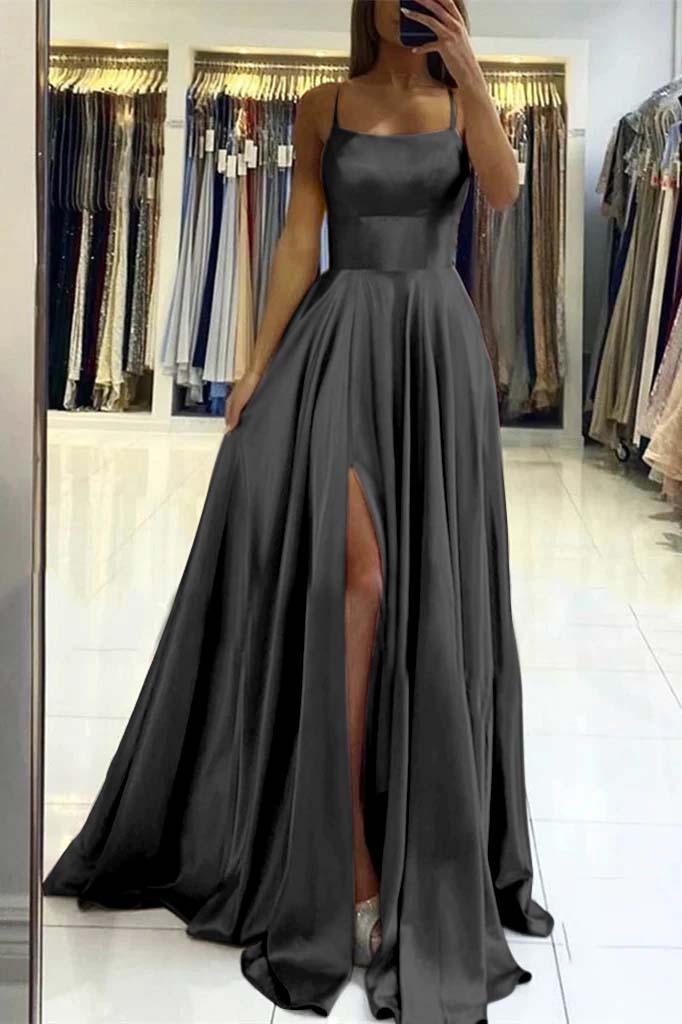 Pink Spaghetti Strap Sleeveless Backless Long Prom Dress With Front Split BMBRIDE