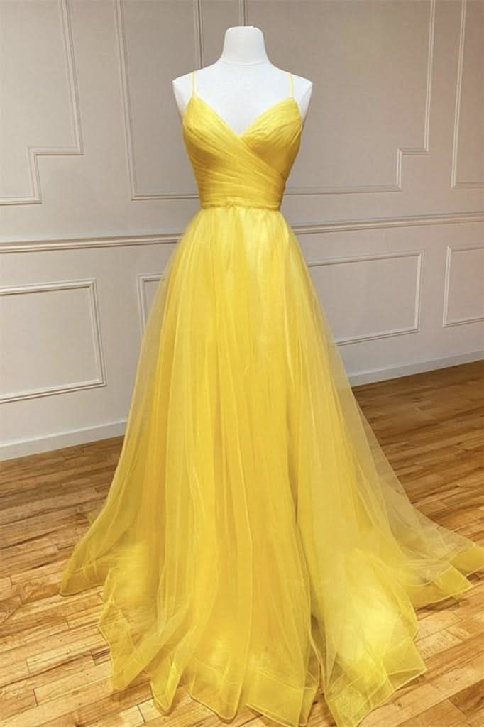 Yellow Spaghetti-Straps Prom Dress with String Back BM bride