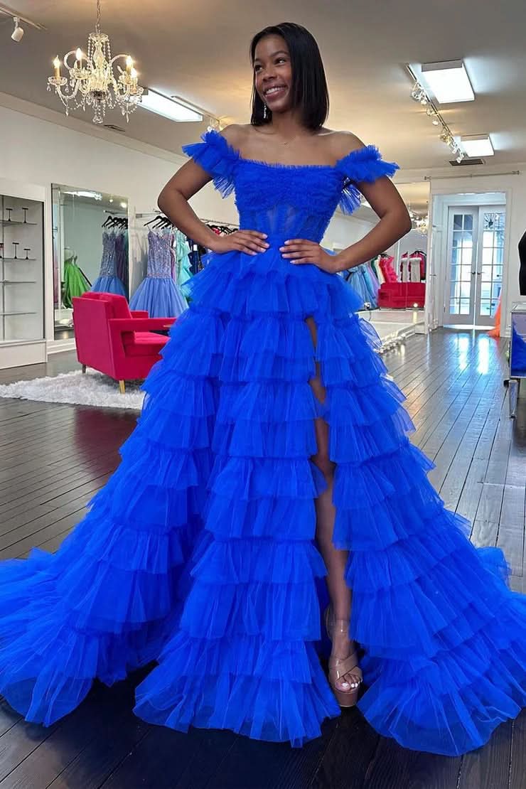 Majestic Royal Blue Off-the-Shoulder Ruffle Tiered Tulle Long Prom Dress with Slit BM bride