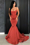 Burnt Spaghetti Strap Sleeveless Orange Mermaid Prom Dress Long With Pleated