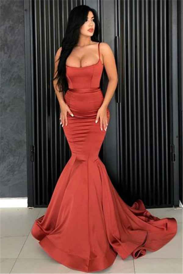 Burnt Spaghetti Strap Sleeveless Orange Mermaid Prom Dress Long With Pleated