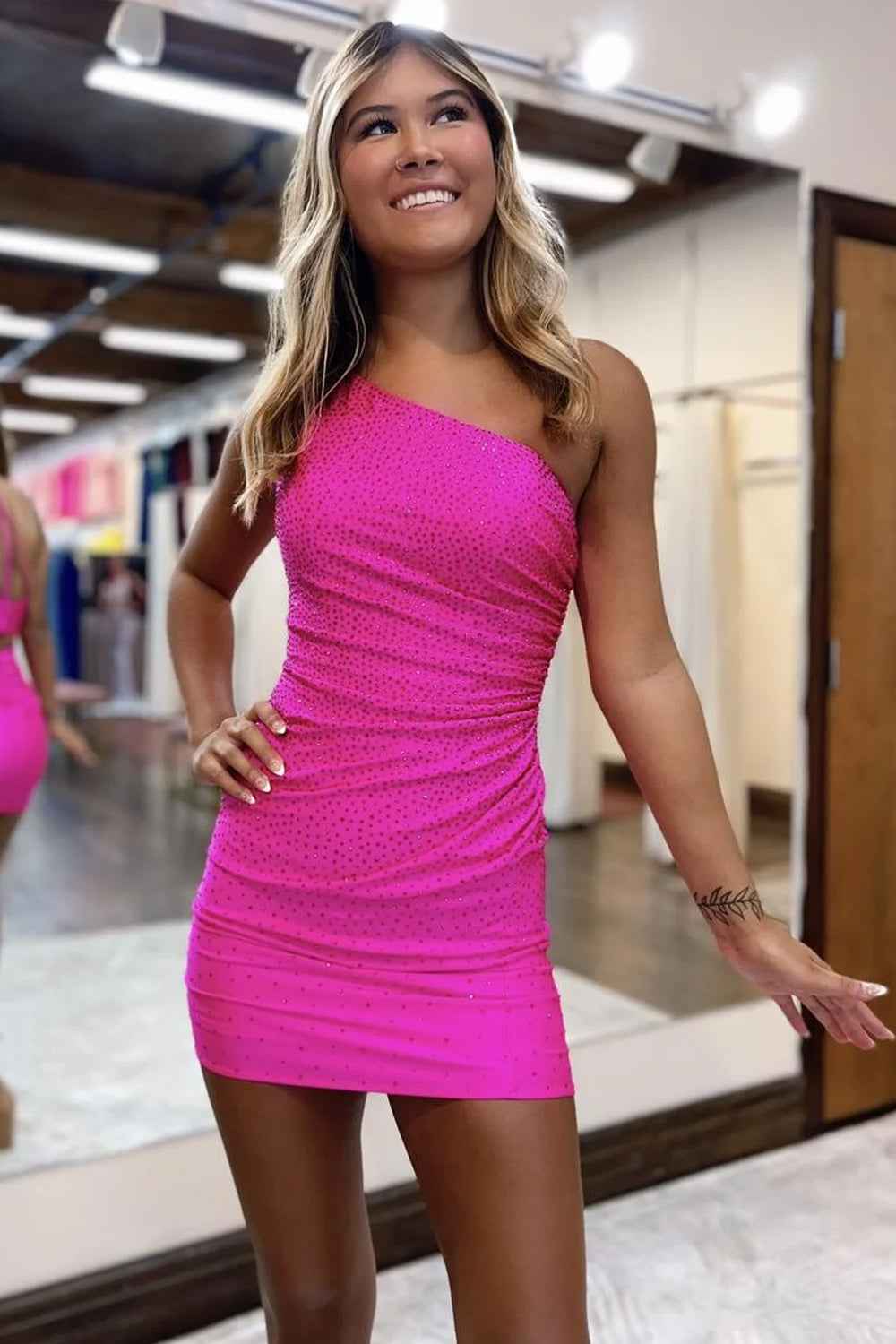 Sparkly Fuchsia Sequins One Shoulder Tight Short Homecoming Dress Bmbride