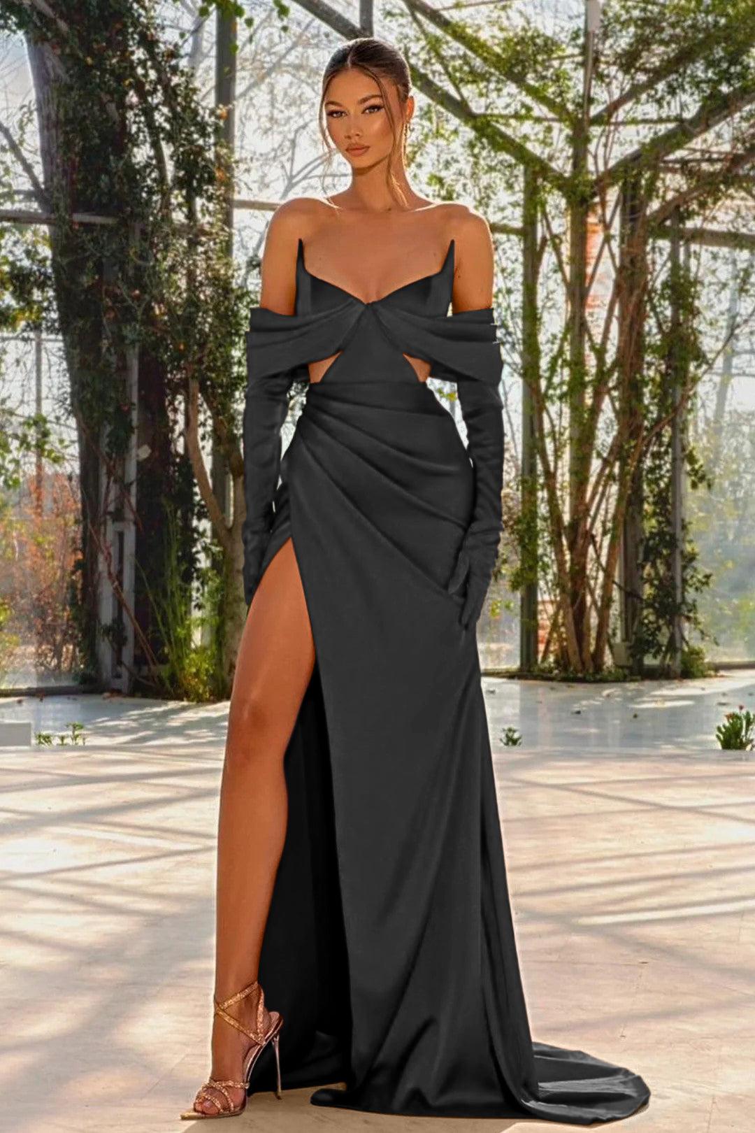 Off the Shoulder Prom Dress Red Half Sleeves With Slit Pleated Gloves BMBRIDE
