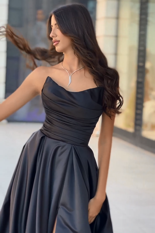 Beautiful Prom Dress Black Sleeveless Strapless Christmas Sale with Slit Gown BM bride