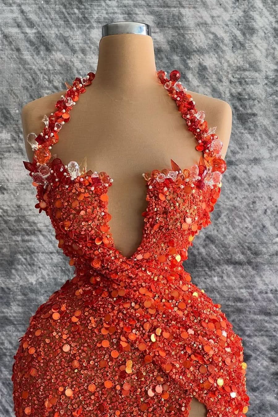 Red Halter Deep V-Neck Mermaid Evening Dress with Rhinestone Slit Sequins BM bride