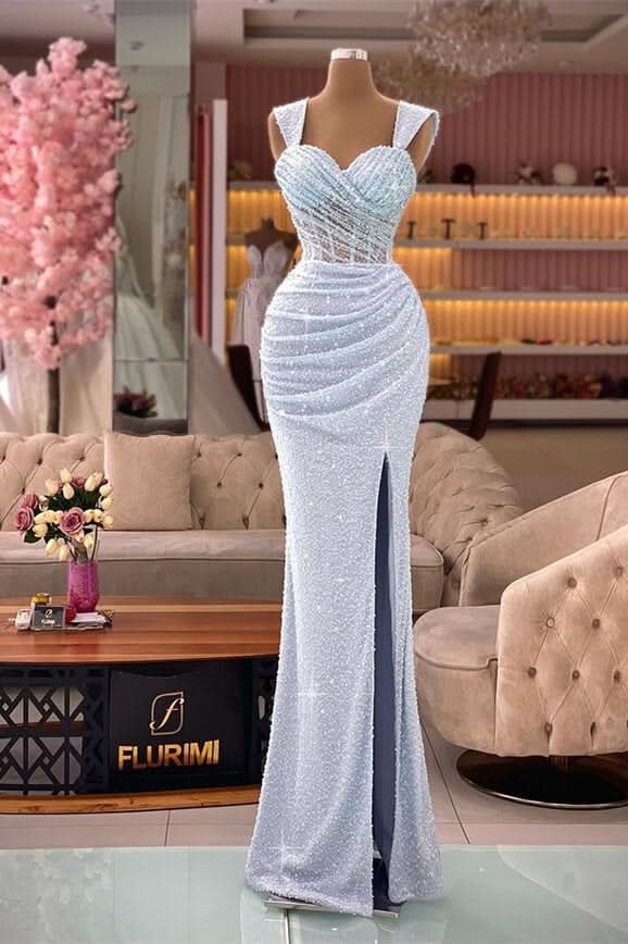 Straps Sweetheart Mermaid Sequin Split Evening Dress with Pleated Glamour BM bride