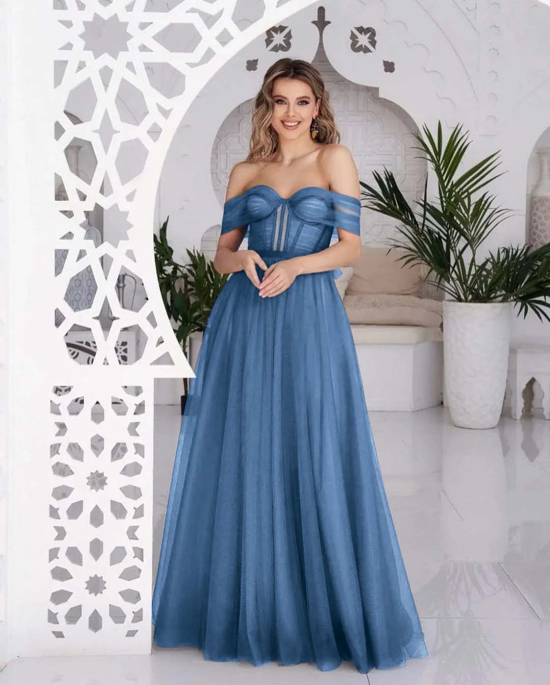 Stunning Tulle Off the Shoulder Sweetheart Strapless Royal Blue Prom Dress BMBRIDE