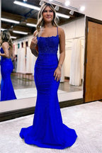 Elegant Appliques Spaghetti Strap Mermaid Evening Dress with Beadings BM bride