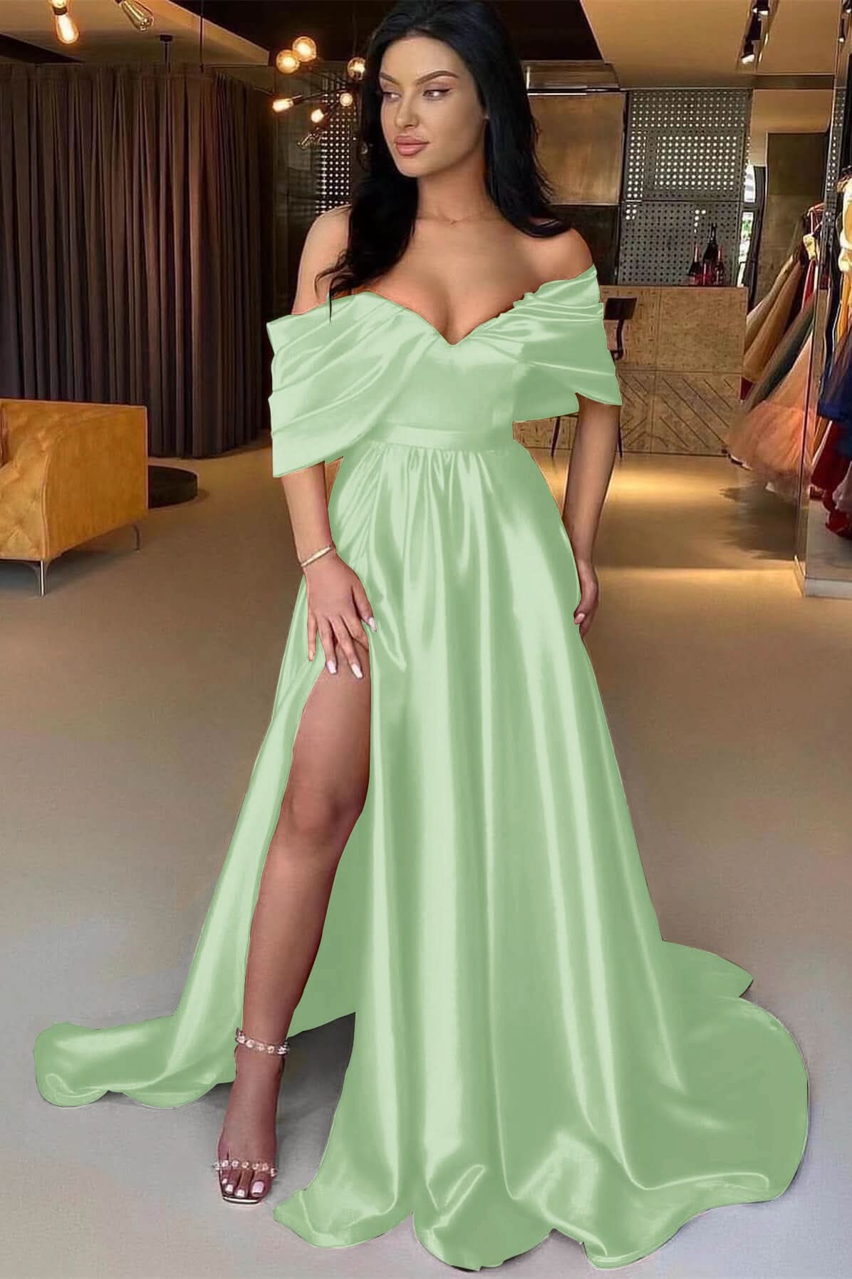 Red Off-The-Shoulder A-Line Prom Dress with Split BM bride