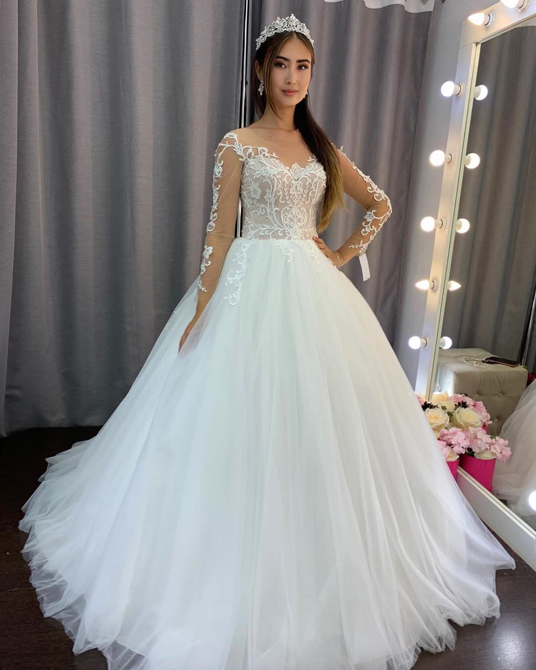 A-Line Tulle Long Sleeves Wedding Dress With Lace BM bride