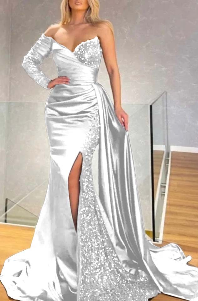 Long Sleeve Strapless Long Split Prom Dress With Pleated Sequins BMBRIDE