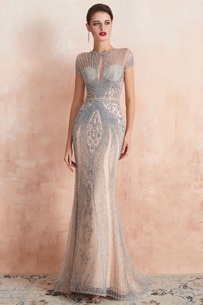 Glamorous Jewel Neck Short Sleeve Mermaid Prom Dress with Beadings BM bride
