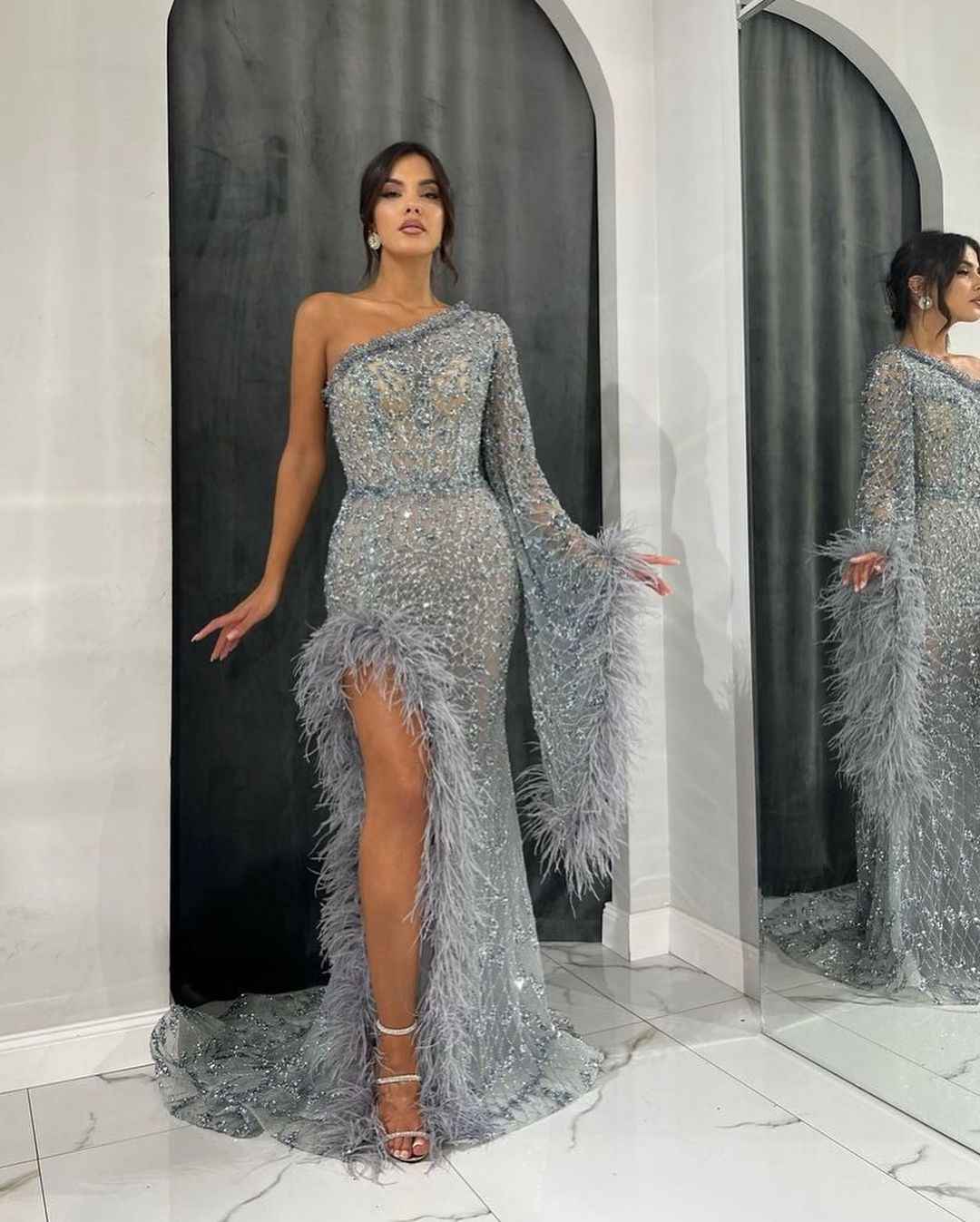 Heavy Prom Dress Feather One Shoulder Long Sleeve With Beading
