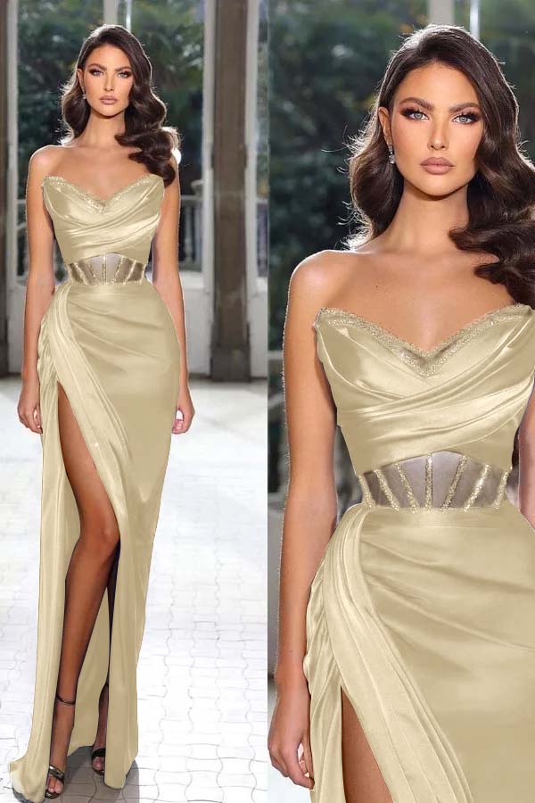 Strapless Sleeveless Long Mermaid Prom Dress With Split Pleated BMBRIDE