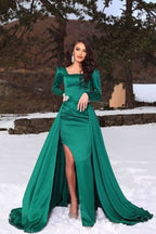 Dark Green Long Sleeve Mermaid Prom Dress with Slit and Detachable Skirt BM bride