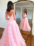 Sweet Light Pink A-Line Tiered Spaghetti Straps Tulle Prom Dress BM bride