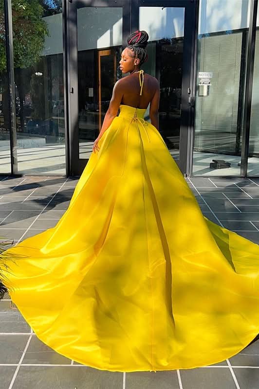 Yellow Halter V Neck Mermaid Evening Dress Long Pleated BM bride