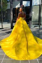 Yellow Halter V Neck Mermaid Evening Dress Long Pleated BM bride