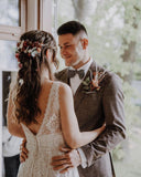 Simple Long A-Line Backless Wedding Dress with V-Neck Lace BM bride