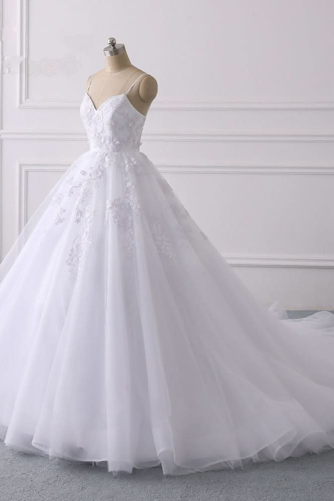 Spaghetti Strap V-Neck Tulle Wedding Dress with Lace Appliques BM bride