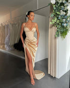 Blushing Pink Pleated V-Neck Prom Dress with High Slit BM bride