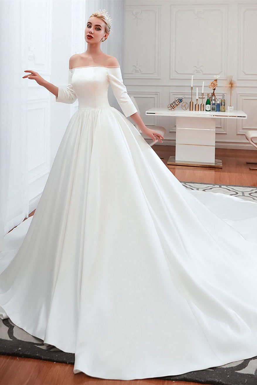 Off-the-Shoulder Half Sleeve Satin Wedding Dress BM bride