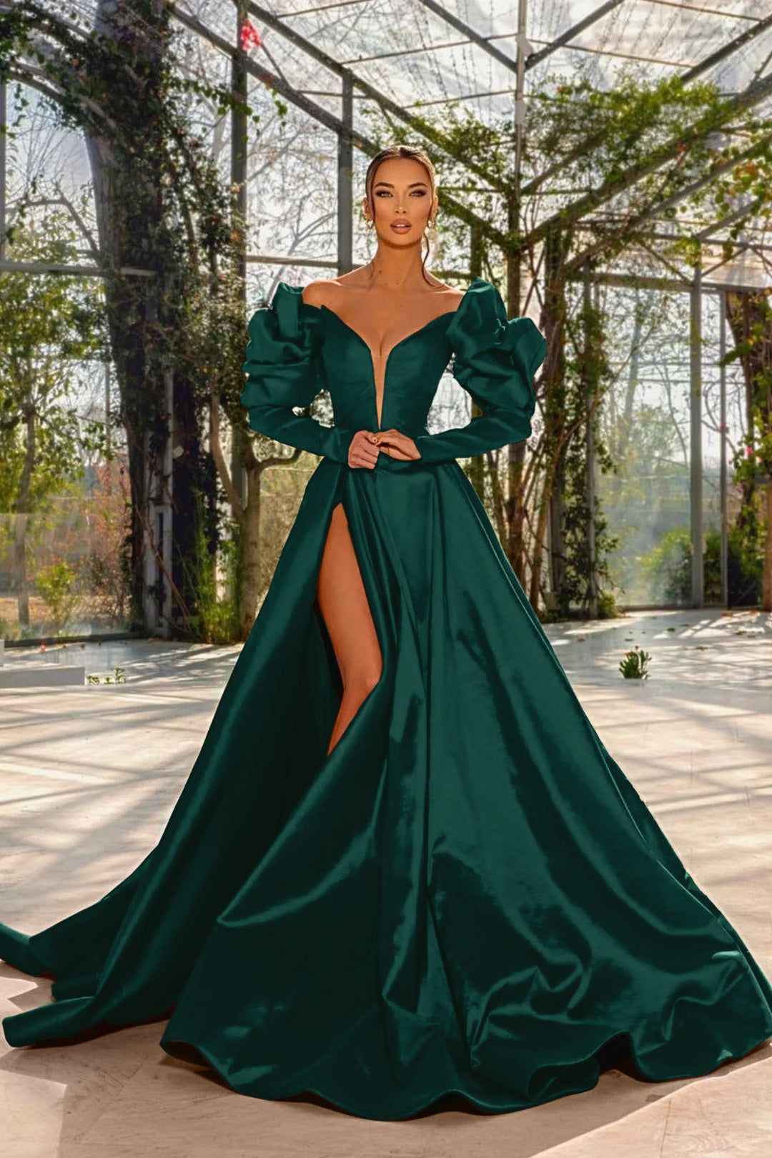 Sexy Prom Dress Red V Neck Bubble Long Sleeves With High Split BMBRIDE