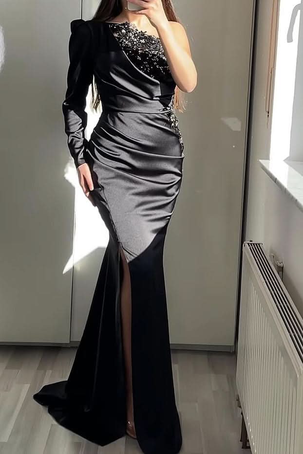 One-Shoulder Long Sleeve Mermaid Evening Dress with Split and Beadings BM bride