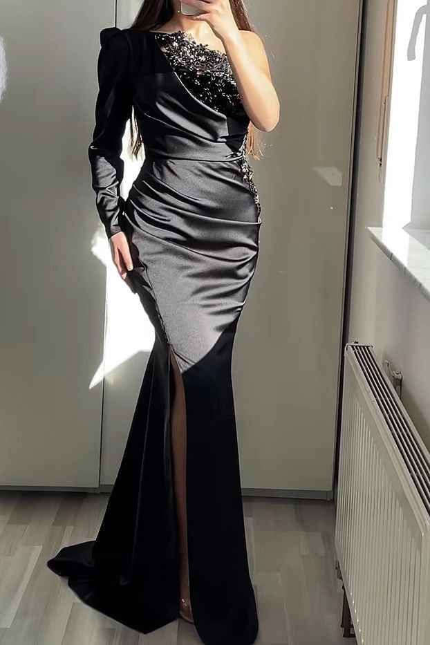 Long Sleeve Mermaid Split One Shoulder Prom Dress With Beading